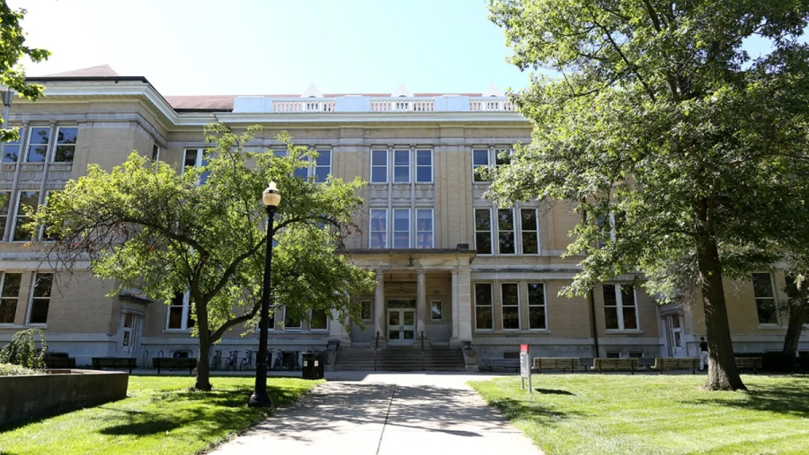 modern photo of the front of Mendenhall Laboratory in the summer