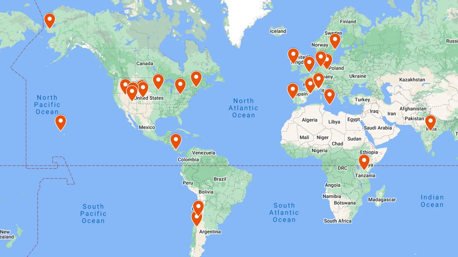 google maps global view with red flags denoting where students have been