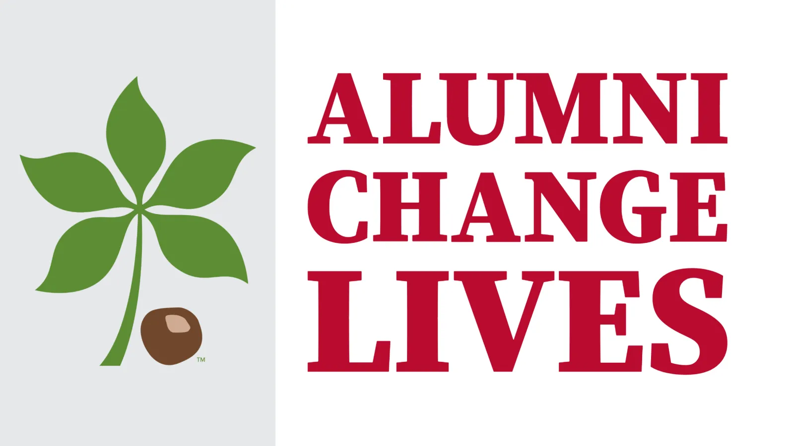 Alumni Change Lives text with buckeye leaf