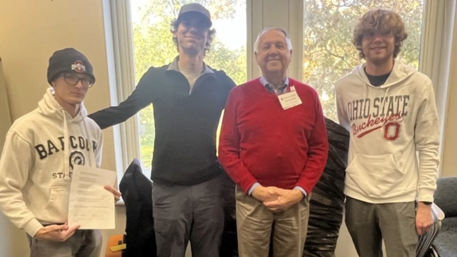 Student-Alumni Scavenger Hunt Winners: Alum Joe Studilick (red sweater) and undergraduate SES majors from left, Payton Scott, Tim Stevens and Jacob Bockenstette.