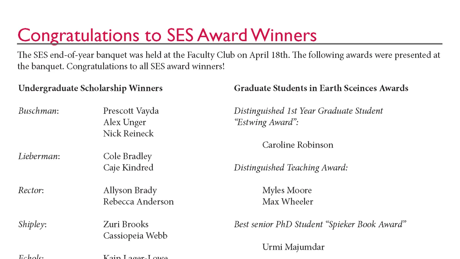 Congratulations to 2017 SES Award Winners