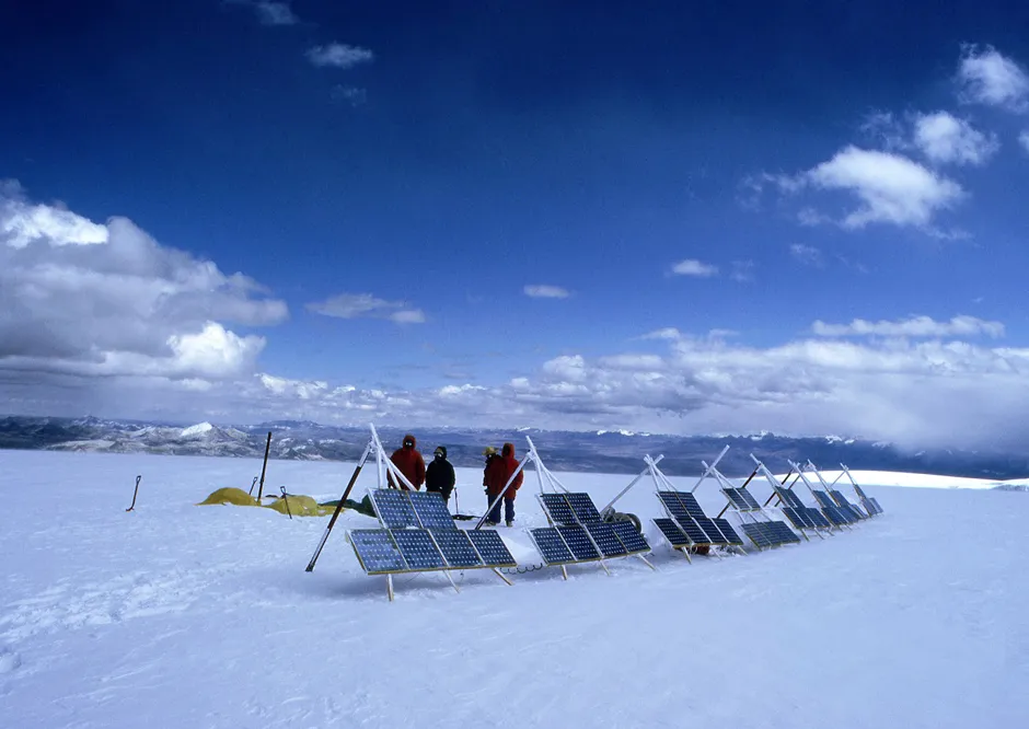 Thompson and his team developed and used the first solar-powered ice-core drill on top of the Quelccaya Glacier in Peru 1983. (Credit: Lonnie Thompson)