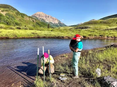 Earth Sciences students and researchers studying stream flow in colorado